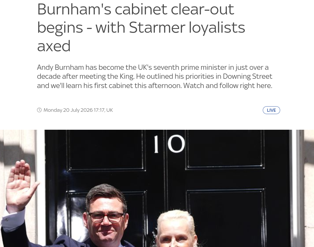 Andy Burnham has become the UK's seventh prime minister in just over a decade after meeting the King. He outlined his priorities in Downing Street and we'll learn his first cabinet this afternoon. Watch and follow right here.
