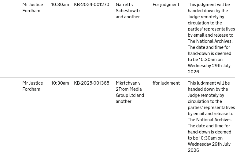 This judgment will be handed down by the Judge remotely by circulation to the parties' representatives by email and release to The National Archives. The date and time for hand-down is deemed to be 10:30am on Wednesday 29th July 2026