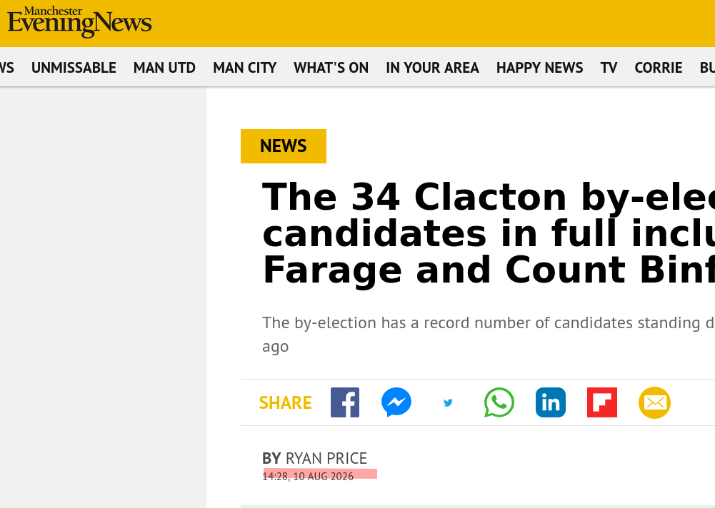 The 34 Clacton by-election 2026 candidates in full including Nigel Farage and Count Binface