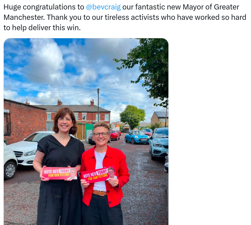 Huge congratulations to @bevcraig our fantastic new Mayor of Greater Manchester. Thank you to our tireless activists who have worked so hard to help deliver this win.