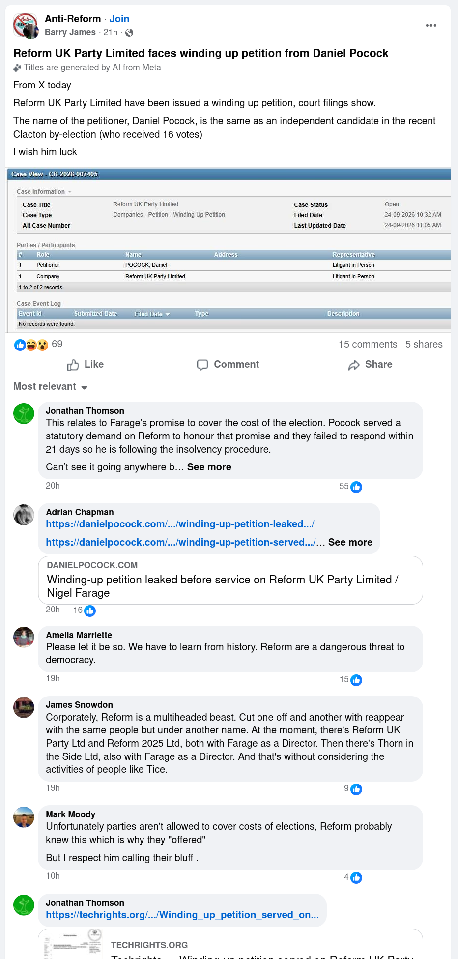 Reform UK Party Limited faces winding up petition from Daniel Pocock
