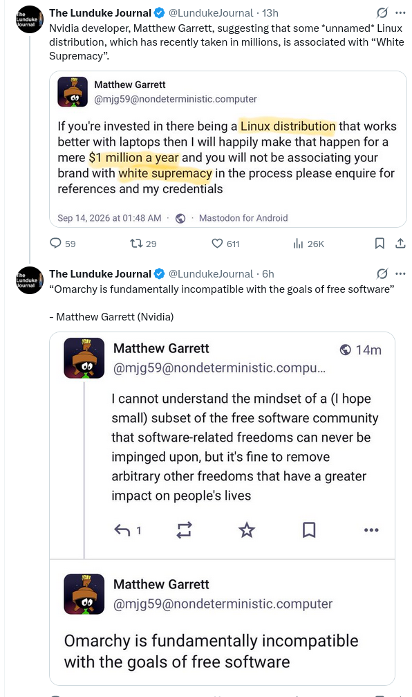 Nvidia developer, Matthew Garrett, suggesting that some *unnamed* Linux distribution, which has recently taken in millions, is associated with “White Supremacy”.