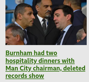 Burnham had two hospitality dinners with Man City chairman, deleted records show